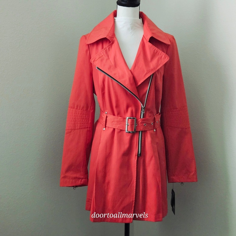 Black Rivet Watermelon Trench‎ Coat Cotton Blend Coral sz Large NWT